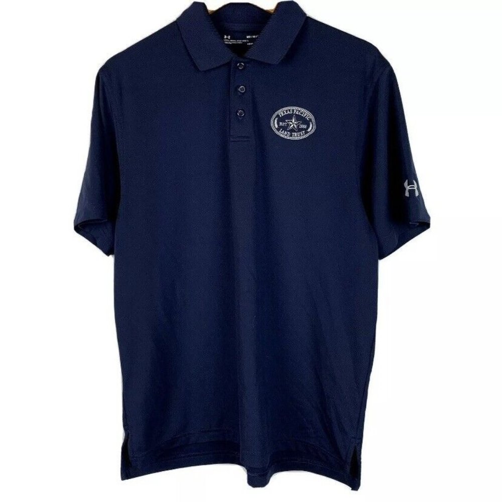 Under Armour Mens Size Medium Short Sleeve Golf Polo Shirt Dark Blue Texas Logo